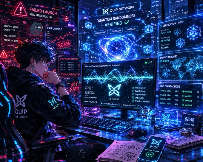 The image features a man sitting at a desk, working on his computer with a keyboard and mouse nearby. The scene takes place in an office setting, which has a futuristic atmosphere due to its neon colors. There are multiple monitors displaying various data and information, suggesting that this is a workspace for analyzing and managing complex systems or projects.

The post discusses the concept of Quantum Randomness, which is often associated with web3 technology. The image includes elements related to Quantum Randomness, such as the use of real hardware in the office setting. Additionally, there are references to failed launches and verifications, indicating that this might be a discussion about the challenges or risks involved in implementing web3 projects.

The man sitting at the desk is wearing a black jacket, which contrasts with the neon colors surrounding him. The image also contains text elements such as "quip network" and "verified", further reinforcing the connection to web3 technology.