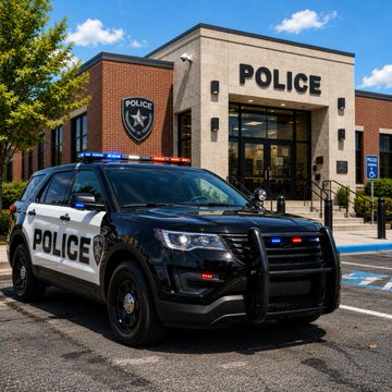 A black and white police SUV is parked in front of a building labeled "POLICE," illustrating the Santa Catarina law enforcement operation that seized approximately $1.7 million in cryptocurrency from self-custody wallets in what is the largest such seizure by Brazilian civil police on record as part of a phishing ring investigation.