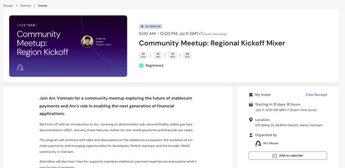 A screenshot of an event registration page for "Community Meetup: Regional Kickoff Mixer" hosted by Arc Vietnam on July 11, GMT+7.