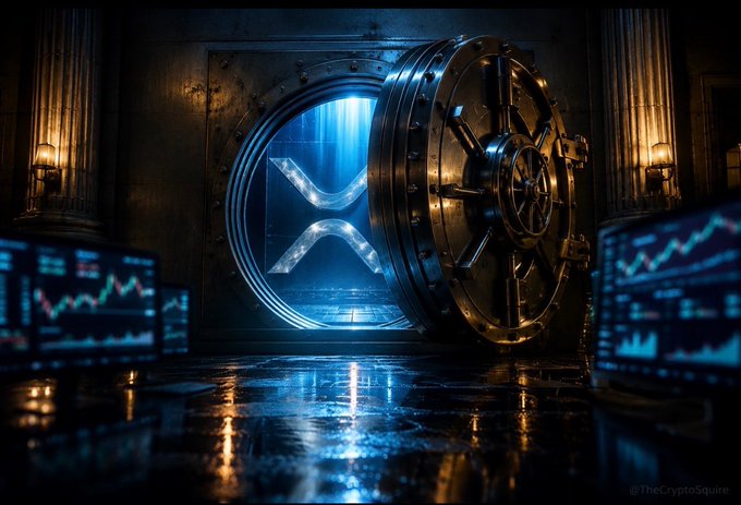 A massive vault door emblazoned with the XRP logo stands ajar, glowing with an otherworldly blue light as trading charts flicker on monitors nearby—visually evoking the post's claim that XRP's "real" $750 price is being locked away and hidden from public view. The image suggests that unlocking this secretive vault could unleash unimaginable value, playfully illustrating the speculative rumor.