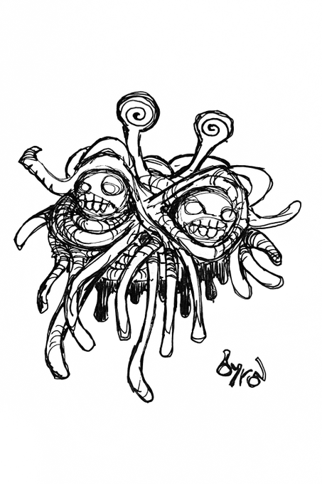A black-and-white ink sketch of a grotesque, multi-tentacled creature with two skulls embedded in its side and antennae resembling eyes on stalks, signed by the artist.