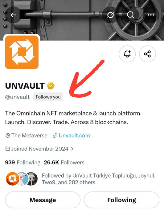 An X (Twitter) profile page for "UNVAULT" (@unvault) with an orange logo is highlighted by a red arrow; the bio reads "The Omnichain NFT marketplace & launch platform" with 939 Following and 26.6K Followers.