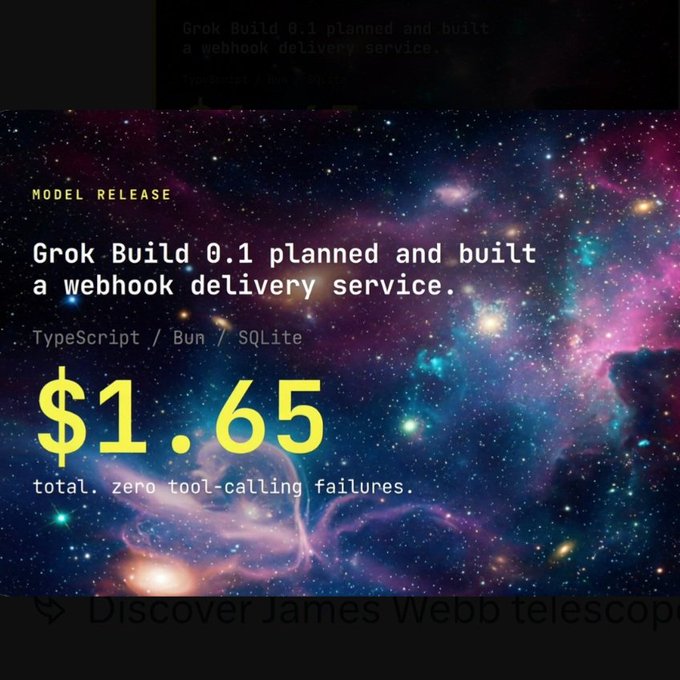 The image shows a computer screen with text about a website service named "GrokBuild". The service is planned and built, and has a webhook delivery service included for $1.65. It's described as being a zero tool-calling failure service, which means it doesn't encounter any issues while trying to use the service.