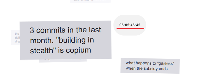 The image shows a post with text that reads "3 commits in the last month, 'building' in stealth" followed by a list of bullet points about the post's content. The post appears to be related to a project or task, as indicated by the use of bullet points and the fact that it is still in progress.