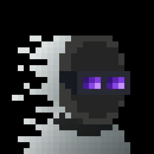A pixel art sprite of a Minecraft-style Enderman or similar dark figure with purple eyes dissolving or teleporting against a black background.