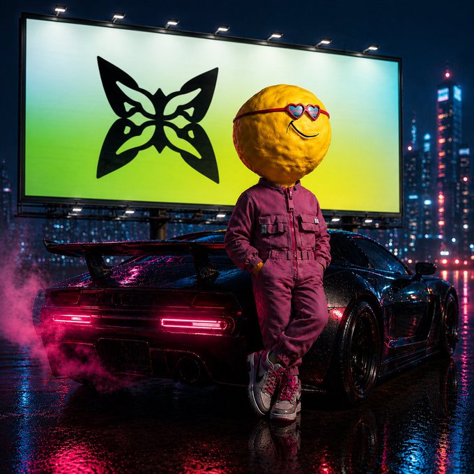 In the image, there are two people standing near a car. One of them appears to be wearing a head made from a yellow smiley face. The background features an advertisement for "Gm Legends" on a billboard that also includes a butterfly graphic. The caption about the new project is related to the post and provides information or context about the image.