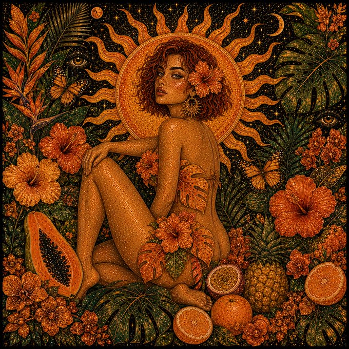 A vibrant orange-toned illustration depicts a sun-kissed siren with a radiant sunburst halo, surrounded by tropical hibiscus blooms, monstera leaves, butterflies, and sliced oranges and papayas, embodying the "Tropical Sirens Orange" theme from the objkt.com NFT collection.
