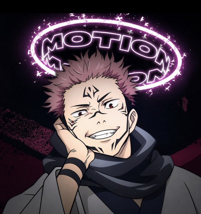 An anime character with spiky pink hair and a black tattoo on his forehead smirks confidently, resting his chin on his hand beneath a glowing pink halo displaying the word "MOTION." The neon "MOTION" halo above the character visually echoes the post's call to "get some MOTION" and "get a move on," reinforcing the energetic, action-ready vibe.