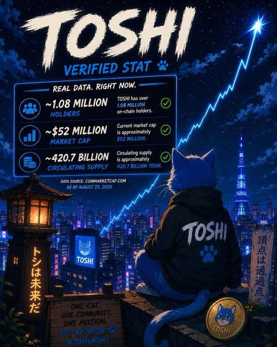 A promotional poster for 'TOSHI' cryptocurrency displays verified stats including ~1.08 million holders, ~$52 million market cap, and ~420.7 billion circulating supply, featuring a blue cat in a TOSHI hoodie overlooking a city skyline.
