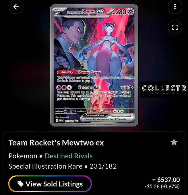 The image shows Collectr displaying a user’s top item—a Special Illustration Rare Team Rocket's Mewtwo ex (#231/182) from the Destined Rivals Pokémon set, with an ability called "Power Saver" and a current market value of $537.00. This fits the prompt by showcasing a collector’s most valuable card on the platform.