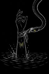 A dark, moody illustration of a hand emerging from black water, holding a small glowing object while a snake slithers down toward it.