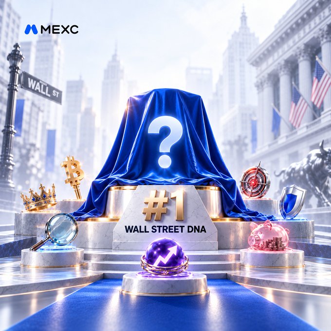A mysterious blue-draped object with a glowing question mark sits atop a marble pedestal marked "#1 WALL STREET DNA," surrounded by symbolic items including a Bitcoin, crown, magnifying glass, target, piggy bank, shield, and an "M" sphere, set against a Wall Street backdrop with the MEXC logo in the corner.
