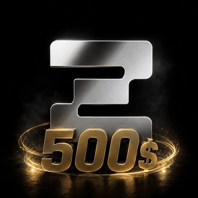 A dramatic digital graphic features a large metallic silver "2" above bold golden text reading "500$", surrounded by glowing golden rings and a dark smoky background.