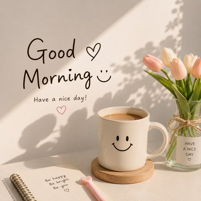 A cheerful 'Good Morning' graphic featuring a smiley face mug of coffee, pink tulips in a vase labeled 'HAVE A NICE DAY', and a notebook with the text 'Be happy Be bright Be you'.
