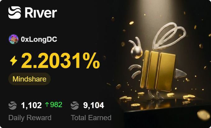 The main focus of this image is a graphic displaying an illustration of a gold bee against a black background with text related to cryptocurrency and river. It seems as though someone took the image from a Bitcoin or River4fun webpage, possibly for social media sharing purposes.