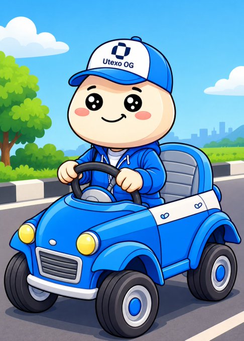 A cartoon mascot character wearing a blue 'Utexo OG' cap and hoodie driving a blue cartoon car on a road with trees and cityscape in the background.
