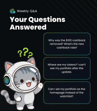 A "Weekly Q&A" graphic from Jupiter Exchange features a cute astronaut cat character with three question boxes addressing recent user concerns: "Why was the $100 cashback removed? What's the new cashback rate?", "Where are my tokens? I can't see my portfolio after the update," and "Can I set my portfolio as the homepage instead of the watchlist?" — directly reflecting the post's commitment to addressing user feedback on updated cashback rates, portfolio visibility, and homepage customization.
