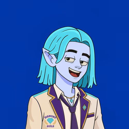 Animated illustration of a blue-skinned character with teal hair, pointed ears, and fangs, wearing a beige uniform jacket with a 'Diamond Guild' emblem and a purple tie.