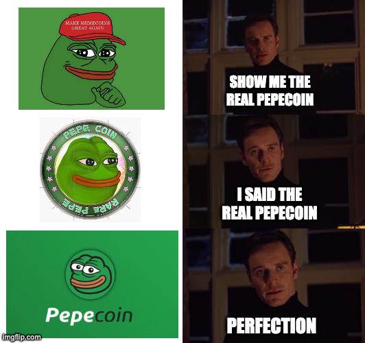 The image shows three different versions of a green Pepecoin logo with a man's face on each one. The first version has the text "SHOW ME THE REAL PEPCOIN" written above the man's head, while the other two logos have the same text but without the man's face. The post suggests that the Pepecoin is perfect and should be used for transactions.
