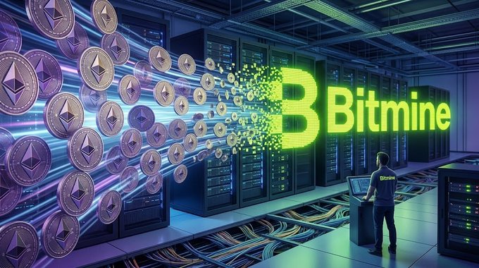 A stylized illustration of a Bitmine data center with a technician standing before server racks while glowing Bitcoin and Ethereum symbols stream through cables.