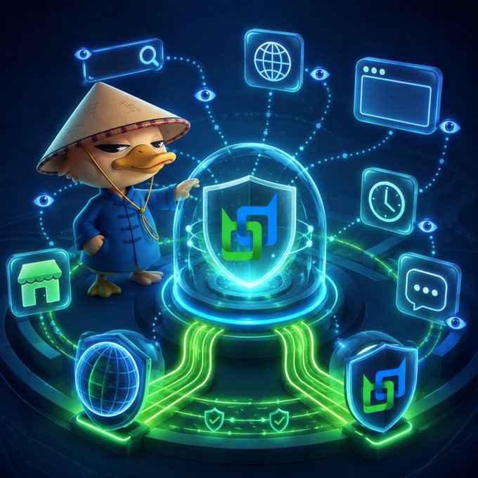 A 3D illustration of a duck character in a conical hat pointing to a glowing shield logo surrounded by floating digital icons.