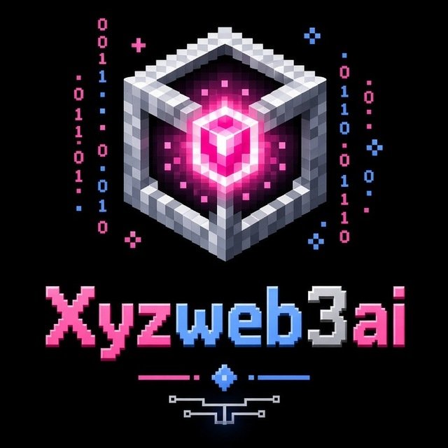 A pixel-art logo featuring a metallic hexagonal frame with a glowing pink cube inside, surrounded by streams of pink and blue binary code (0s and 1s), with the stylized text "Xyzweb3ai" displayed prominently below. The design visually reinforces the post's message of "AI meets Web3," blending retro tech aesthetics with blockchain-inspired imagery to symbolize decentralized intelligence.