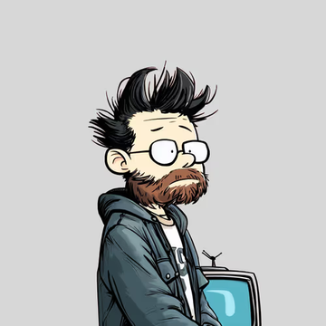 A cartoon-style illustration of a bearded man with messy black hair and round glasses, wearing a gray jacket over a white shirt, standing in front of a television set.