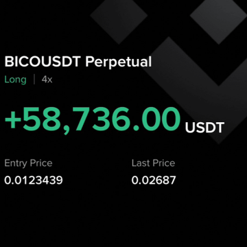 A trading screenshot showing a highly profitable long position on BICOUSDT Perpetual with a 4x leverage, displaying a gain of +58,736.00 USDT from an entry price of 0.0123439 to a last price of 0.02687. The image supports the post's claim of an exceptionally skilled Binance trader allegedly from Vietnam, showcasing one of their impressive winning trades.