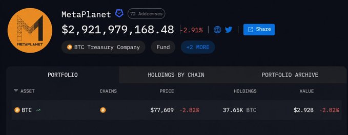A crypto portfolio tracker showing MetaPlanet (BTC Treasury Company) with a value of $2,921,979,168.48, down 2.91%, holding 37.65K BTC.