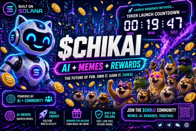 A promotional crypto graphic for the '$CHIKAI' token built on Solana features a robot cat mascot, a launch countdown timer showing 19:47, and tags including 'AI + MEMES + REWARDS' with a community of meme animals.