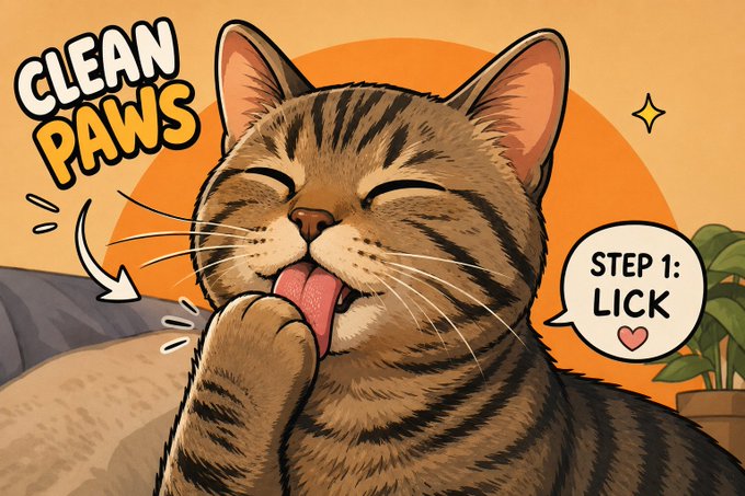 A cartoon illustration of a tabby cat licking its paw with the text 'CLEAN PAWS' and a speech bubble reading 'STEP 1: LICK' with a heart.