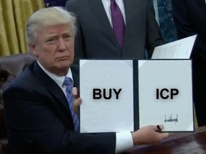 A man in a suit displays a sign reading "BUY" alongside "ICP," reinforcing the post's $ICP ticker with a literal endorsement to purchase the asset.