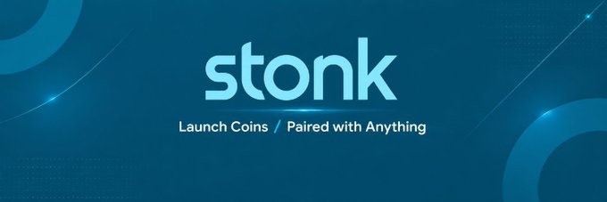 A blue promotional banner displays the "stonk" logo with the tagline "Launch Coins / Paired with Anything," which visually reinforces the launchpad's core offering of creating tokens paired with any asset class, as described in the accompanying post for stonkfun.xyz.
