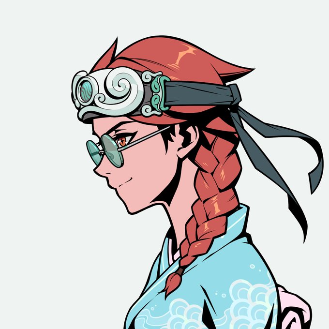 A side-profile anime-style illustration of a red-haired character with braided hair, wearing goggles and round glasses, dressed in a teal kimono with cloud patterns.
