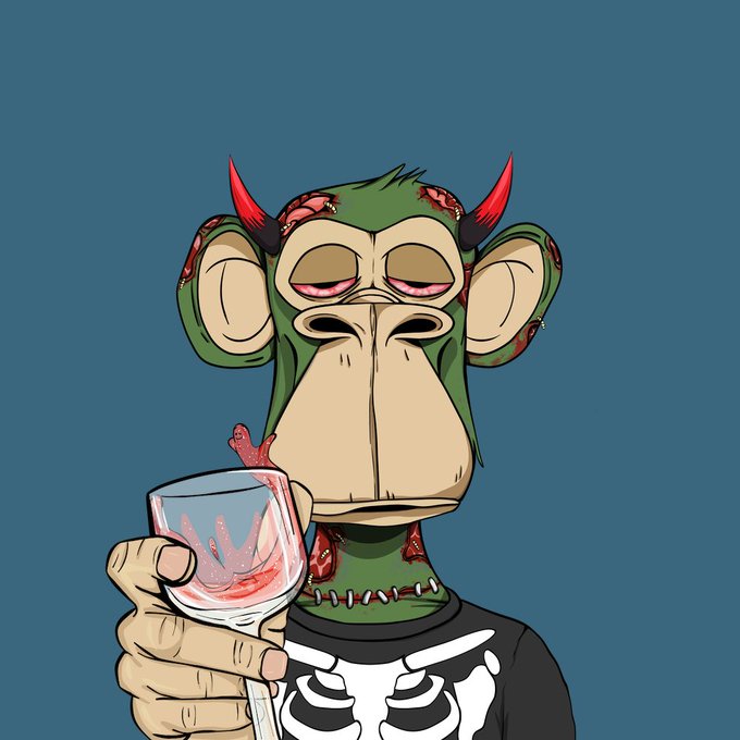 A cartoon illustration of a green zombie-like monkey character with red horns and stitches, holding a glass of red liquid while wearing a black shirt with a skeleton ribcage design.