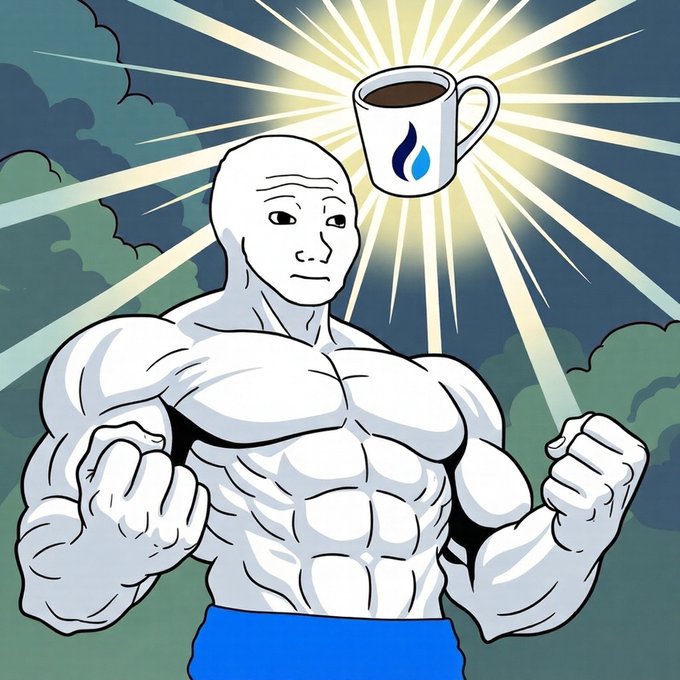 A muscular Wojak flexes triumphantly as a radiant coffee mug—emblazoned with a blue water-drop logo—glows like a holy halo above his head, symbolizing the "gm" (good morning) grind and the caffeinated discipline needed to power through July's challenges.