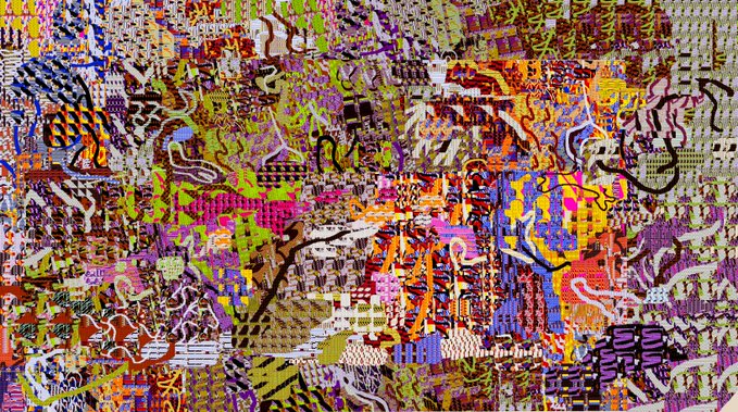 An abstract digital artwork composed of densely layered, colorful chaotic patterns, symbols, and textures in a glitch-art style.