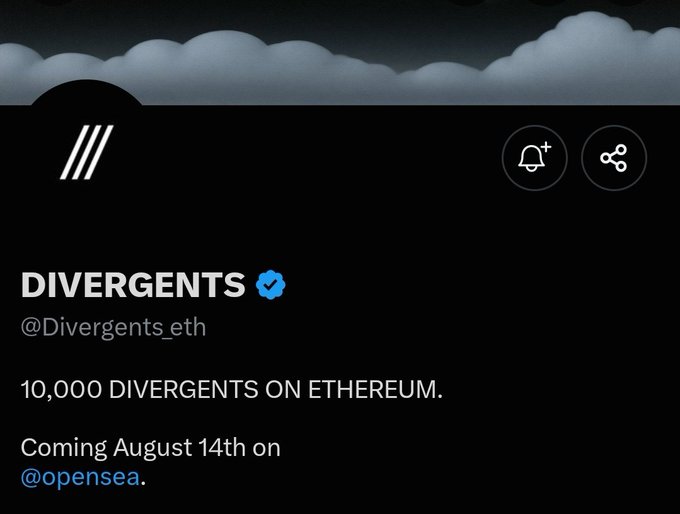 A social media post for 'DIVERGENTS' (@Divergents_eth) announcing 10,000 Divergents on Ethereum coming August 14th on OpenSea.