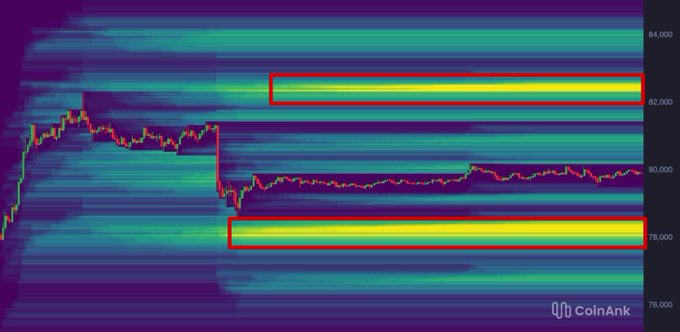A CoinAnk Bitcoin price chart shows trading activity and a price line dipping toward 79,000; two horizontal high-volume areas are highlighted with red rectangles.
