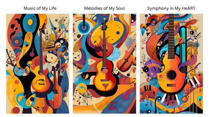 A triptych of vibrant, colorful abstract paintings featuring guitars and musical elements, labeled "Music of My Life," "Melodies of My Soul," and "Symphony in My HeART."
