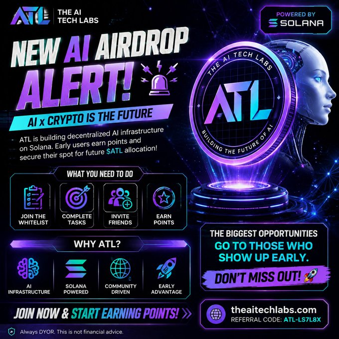 A promotional graphic for 'ATL - The AI Tech Labs' advertising a new AI airdrop powered by Solana, with text reading 'NEW AI AIRDROP ALERT! AI x CRYPTO IS THE FUTURE' and referral code 'ATL-LS7L8X'.