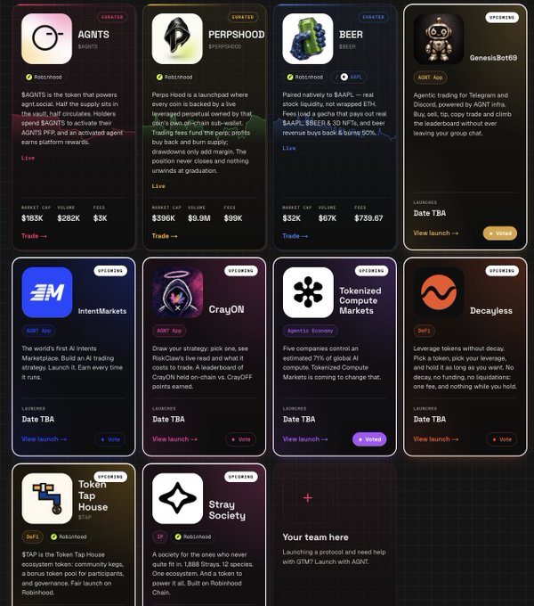 A screenshot of a crypto launchpad featuring upcoming and curated tokens like $AGNTS, $PERPSHOOD, $BEER, GenesisBot69, IntentMarkets, CrayON, Tokenized Compute Markets, Decayless, TokenTap House, and Stray Society, with market caps and fees displayed.