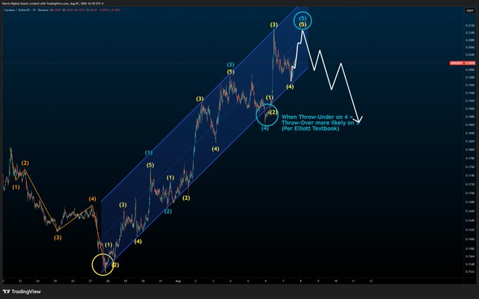 A financial candlestick chart labeled 'North Digital Asset Limited' with Elliott Wave annotations, including blue circles marking wave points and text reading 'When Throw-Under on 4 ➡ Throw-Over more likely on 5 (per Elliott Textbook)' indicating a projected price path.