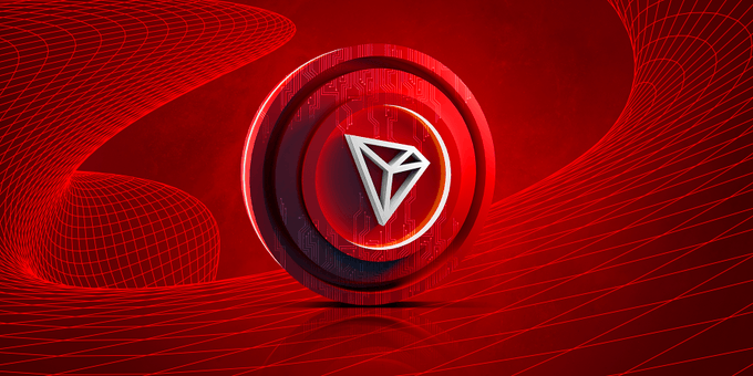 A glossy 3D rendering of the TRON (TRX) logo featuring a metallic diamond-shaped emblem on a circular base, set against a vibrant red backdrop with abstract flowing red wireframe lines.