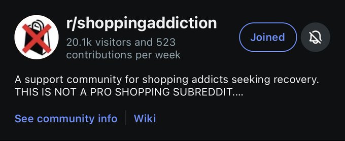The image shows a post from a shopping addiction recovery group, with a banner at the top that reads "r/ShoppingAddiction". Below this, there's a list of followers who have joined the group, including details about their contributions per week. The post also mentions a discount on $NEET and encourages users to join in order to support others seeking recovery from shopping addiction.