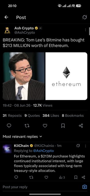 The image displays a social media post related to cryptocurrency. The post shows several Tweets and a status update from someone named "#Killschain" who is known for promoting Bitcoin. The post mentions that a small nudge, or "a few lines of pressure talk", could help raise the price of Bitcoin. A specific cryptocurrency exchange or mining server might be mentioned as well. The post also includes information about an etherium coin, which indicates some potential interest in Etherium among the users who have shared it on their social media profiles.