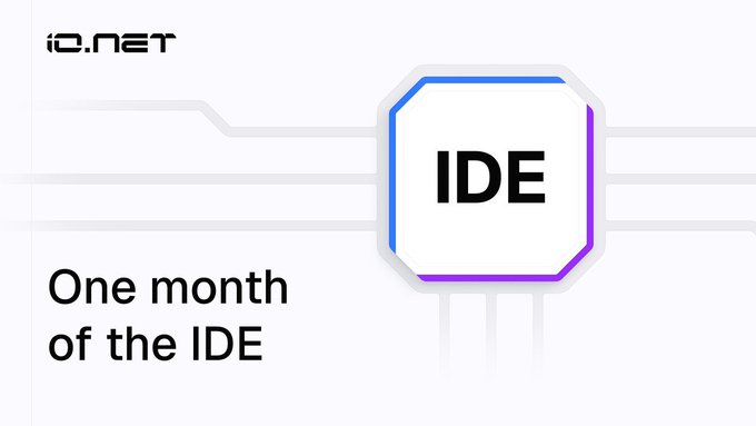 The image shows an io.net branded graphic titled "One month of the IDE," featuring an octagonal badge with "IDE" inside. It complements the post highlighting io.net's first-month IDE milestones, including over 1.1 million $IO burned from 122,000+ device hours and 2.5 million $IO distributed as rewards.