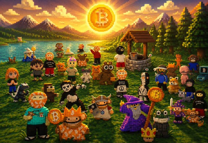 A pixel art illustration depicts various crypto-themed characters and figures gathered in a scenic landscape with a lake and a wishing well, under a bright sun bearing the Bitcoin (₿) logo.