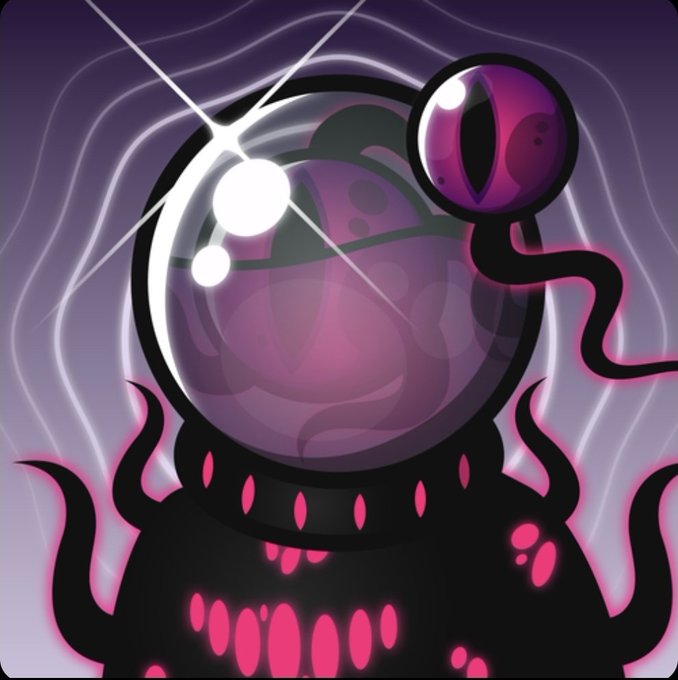 A dark, mystical illustration of a large purple crystal ball on a black pedestal with glowing pink accents, featuring a smaller purple orb floating to its right and a tentacle-like appendage.