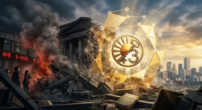 A crumbling bank labeled "崩壊 -$400B" lies in ruins amid smoke and debris, while a glowing golden web-like shield displaying a Bitcoin symbol rises above the devastation, symbolizing the rise of Web3 over a collapsing traditional financial system. The scene visually contrasts the fragility of legacy finance—represented by the destruction—with the promise and resilience of decentralized cryptocurrency in the face of the $400 billion Nikkei crash.